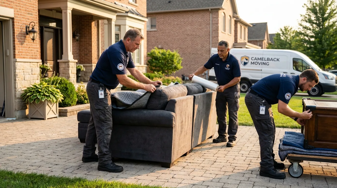 Large estate moving crew wrapping furniture in Columbia, MO