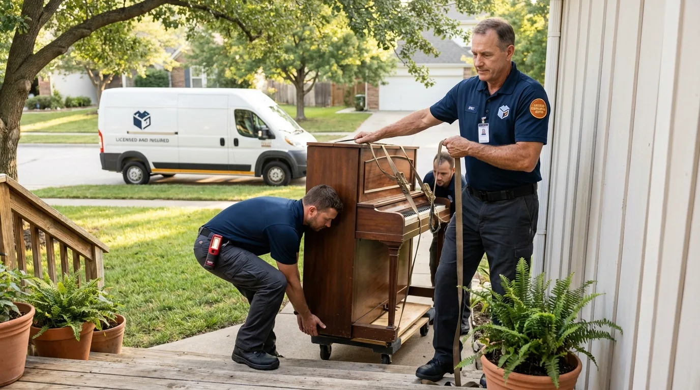 Licensed piano movers securing grand piano in Columbia, MO
