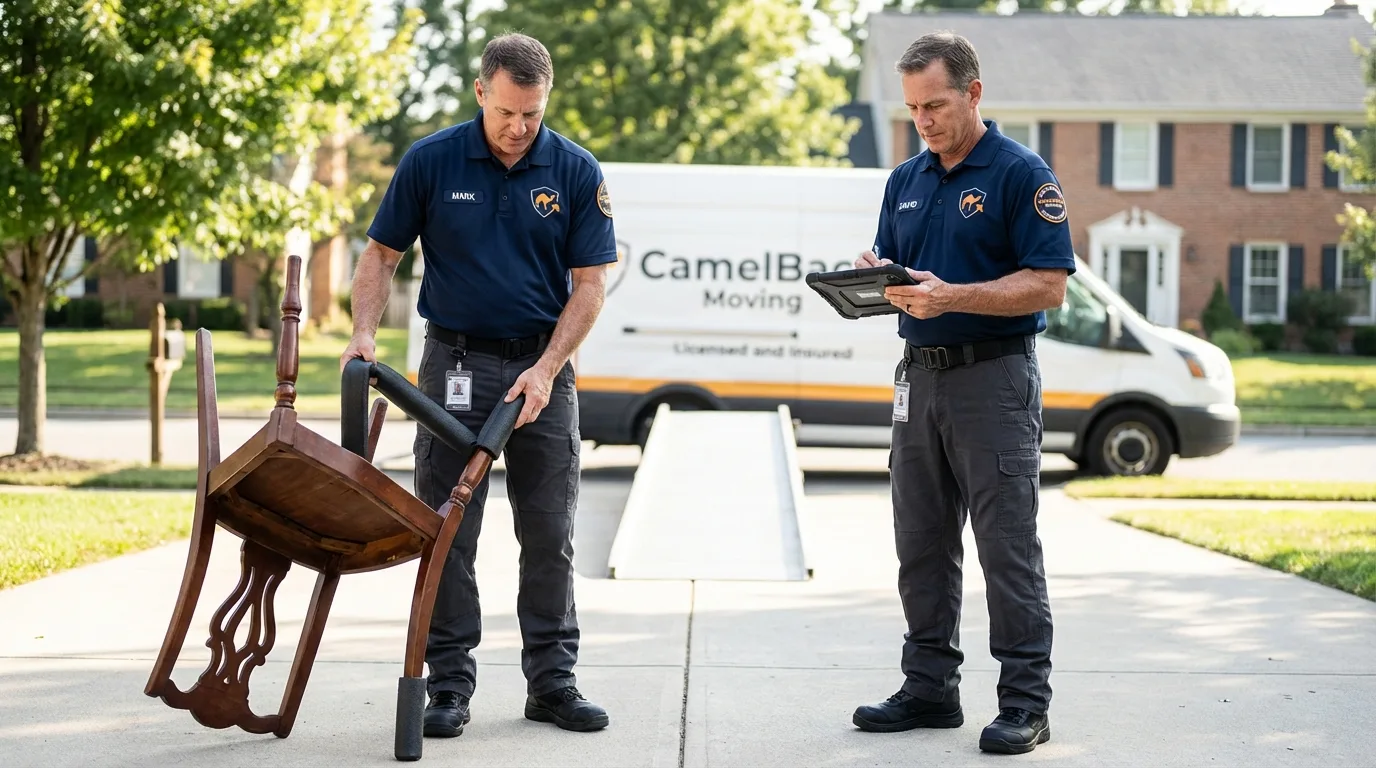 Movers inspecting furniture for damage prevention before loading in Columbia, MO